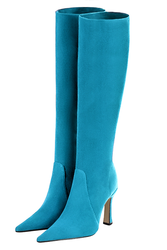 Turquoise blue women's feminine knee-high boots. Pointed toe. Very high spool heels. Made to measure. Front view - Florence KOOIJMAN